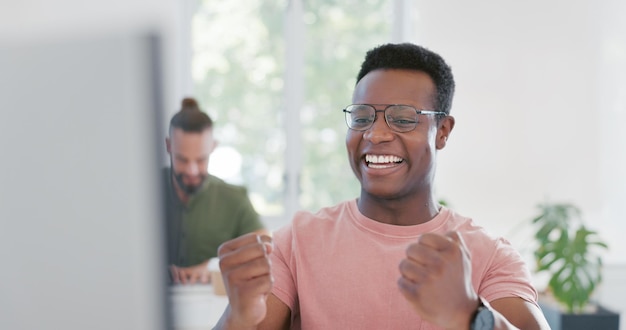 computer celebration and excited black man happy for erp software cyber security system or coding success information technology ai developer or programmer cheer for code programming achievement