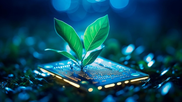 파란색 회로 기판 배경과 인공 지능 및 기술 개념을 갖춘 녹색 잎의 컴퓨터 칩