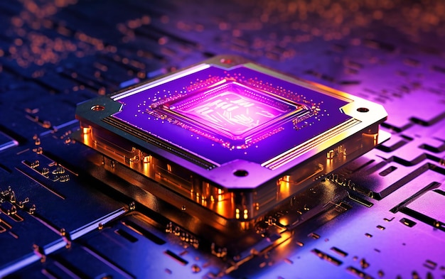 Computer chip in purple glow light