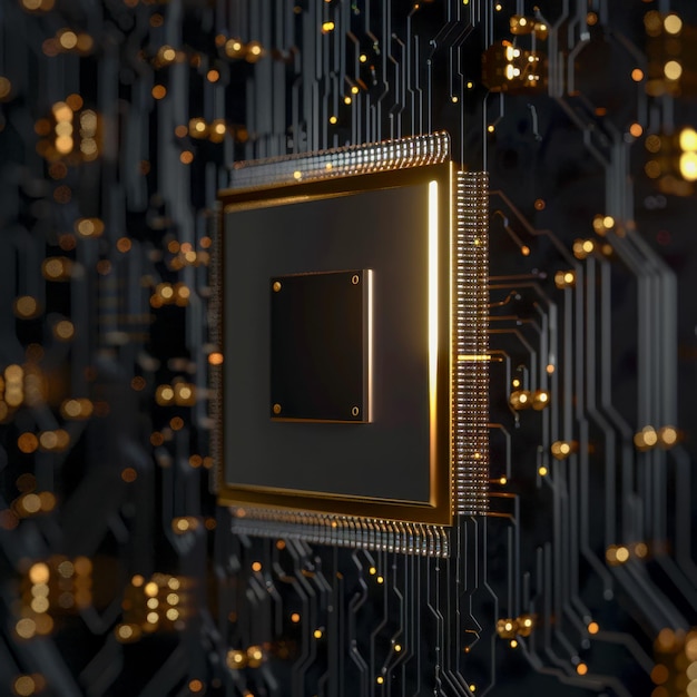 computer chip shown in black and gold background concept of technology and innovation