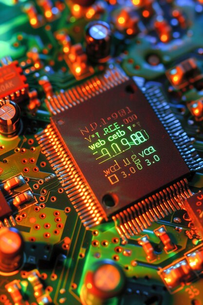 Foto un chip di computer con uno sfondo verde e un bordo rosso