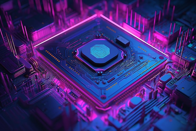 A computer chip with purple and blue lights and a large square shaped object.
