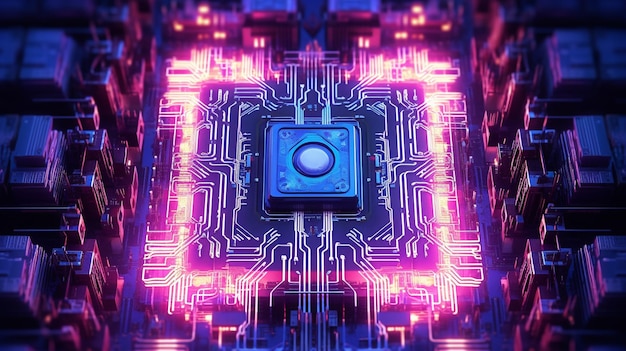 Foto un chip per computer con luci viola e rosa e un circuito stampato.