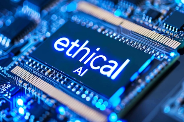 Photo a computer chip with the word ethical ai on it the chip is surrounded by a blue and red glow