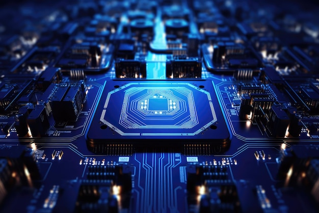 Foto una scheda di circuito di computer con luci blu