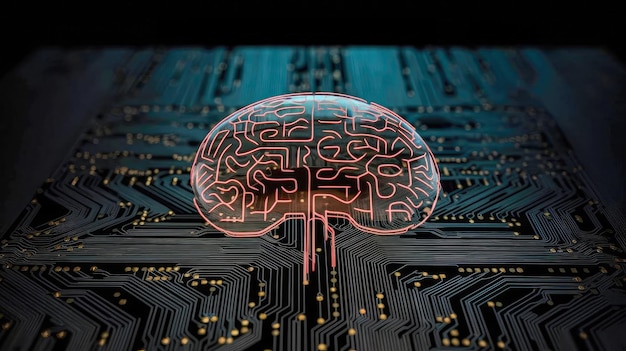 A computer circuit board with a brain on it.