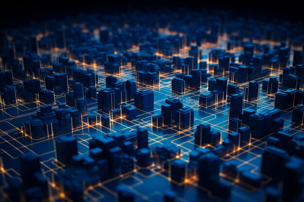 Computer circuit board with many small buildings on it's sides generative ai