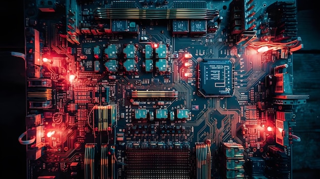 A computer circuit board with red and blue lights generative ai