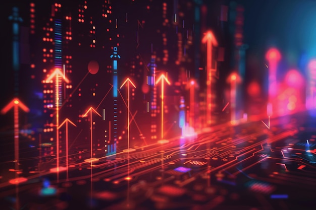 a computer circuit board with some arrows pointing forward and up rising tech background