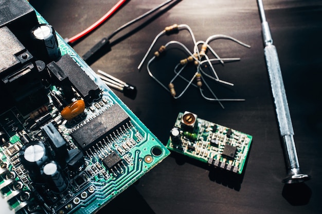 Computer circuit at repair service closeup