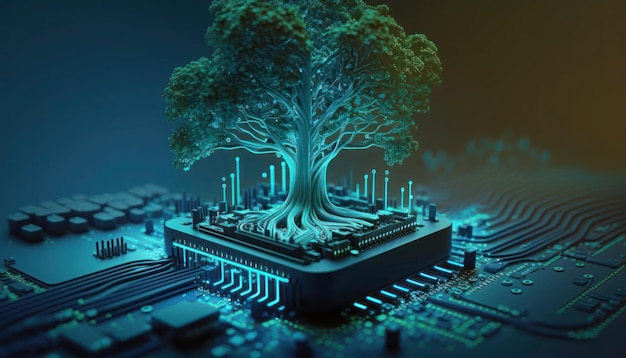 A computer circuit with a tree growing out of it