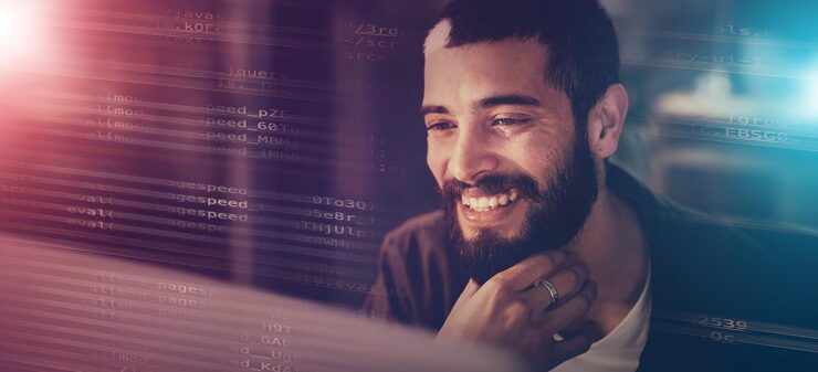 Photo computer code face and happy man coding software for online network database website or cloud computing service app programmer night html overlay and developer programming phishing cyber security