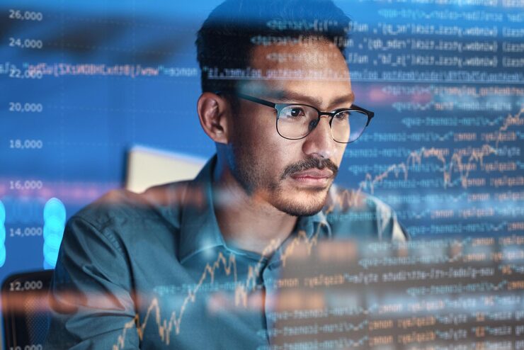 Photo computer code hologram and business man in data analysis coding technology and software overlay at night programmer or person focus on html script programming statistics or cybersecurity research