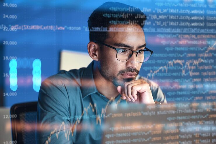 Photo computer code hologram and man thinking of data analysis night cybersecurity and software coding overlay programmer or person in glasses reading html script programming or cybersecurity research