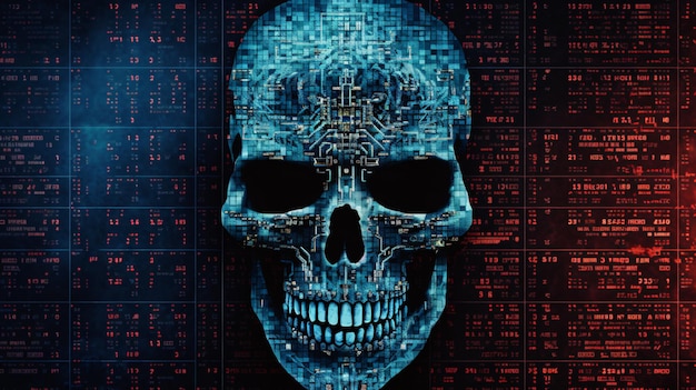 Computer code on a screen with a skull representing
