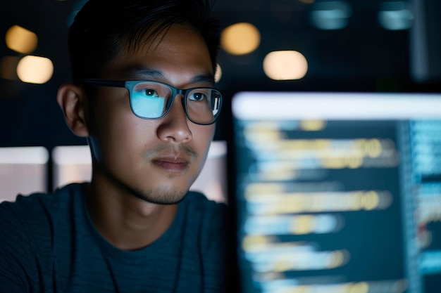 computer coding programming and asian man in cybersecurity software development and html script n