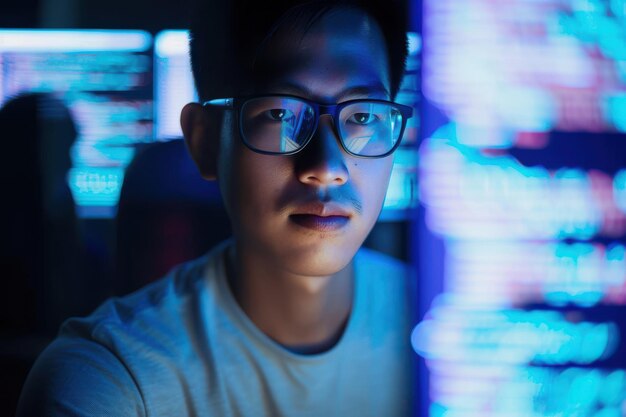 computer coding programming and asian man in cybersecurity software development and html script n