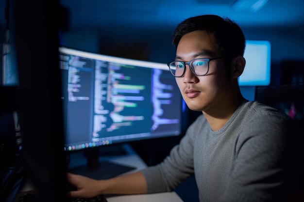 computer coding programming and asian man in cybersecurity software development and html script n