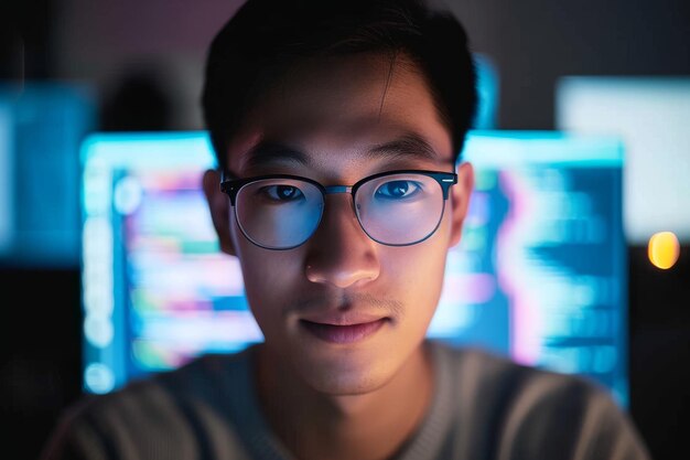 computer coding programming and asian man in cybersecurity software development and html script n