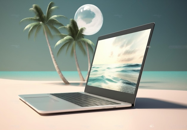 Компьютерная концепция ноутбук отпуск лето дерево тропические пальмы путешествия пляж Генеративный ИИ