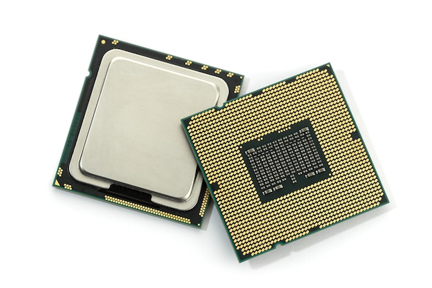 Computer CPU chip isolated on white background. Central processor unit