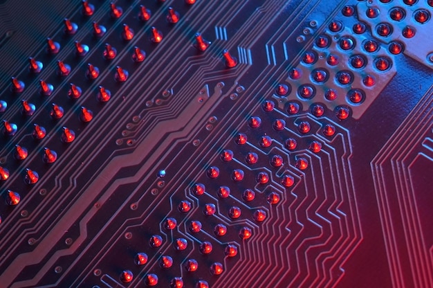 사진 redblue 조명으로 회로 보드 마더보드 배경 근접 촬영에 컴퓨터 cpu 프로세서 칩