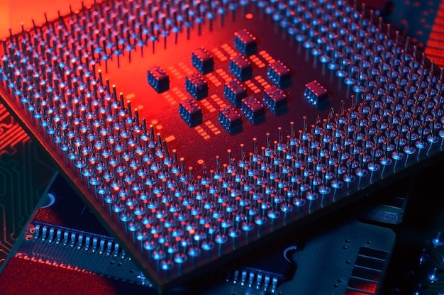 Computer cpu processor chip op printplaat moederbord achtergrond close-up met roodblauwe verlichting
