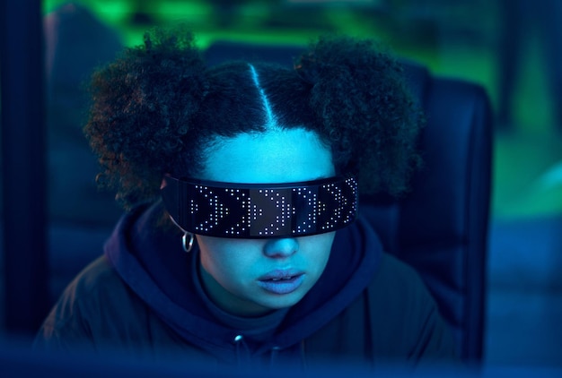 computer cyberpunk glasses or neon hacker hacking software online server or girl programming password phishing blue ransomware developer cybersecurity face or night programmer coding malware code