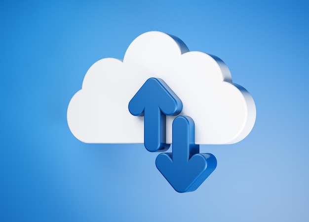Icona della nuvola di archiviazione dati del computer con frecce su e giù su sfondo blu