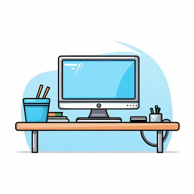 Computer on Desk Line Art Vector Illustration