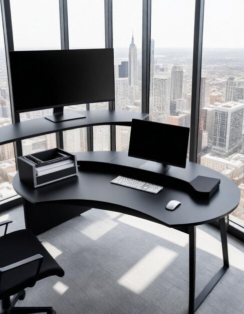 a computer desk in an office with a view of the city