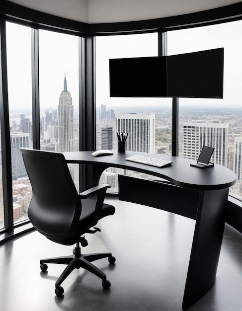 a computer desk in an office with a view of the city