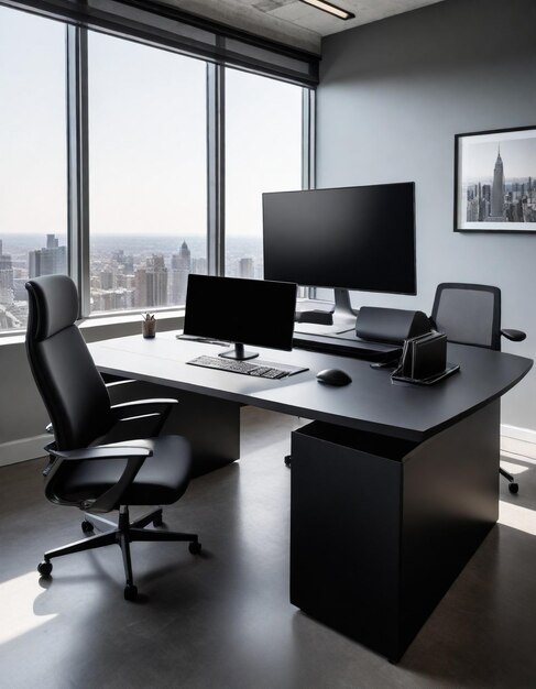 a computer desk in an office with a view of the city