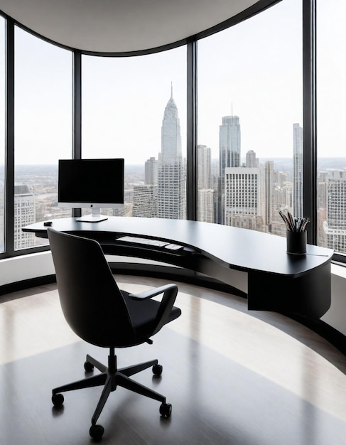 a computer desk in an office with a view of the city