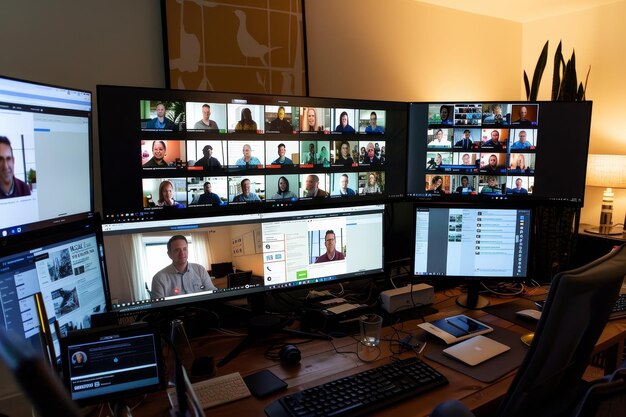 a computer desk setup with multiple monitors displaying a zoom call with colleagues and a keyboard a zoom call with colleagues displayed on multiple screens