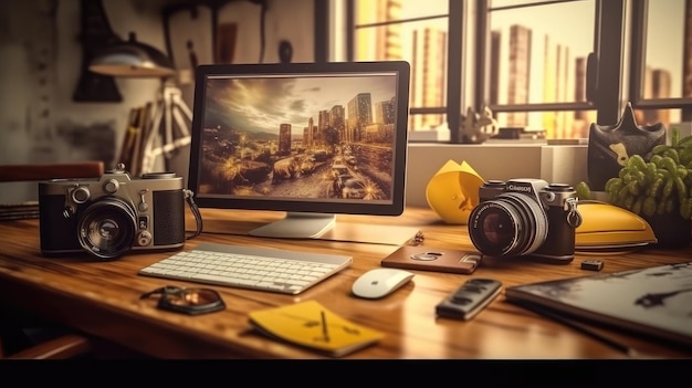 A computer on a desk with a camera and a camera on it