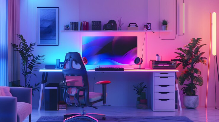 Photo a computer desk with a chair and a colorful light on it