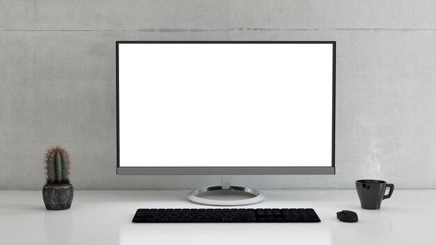 Computer on desk with coffee cup cactus and concrete wall 3d\
rendering