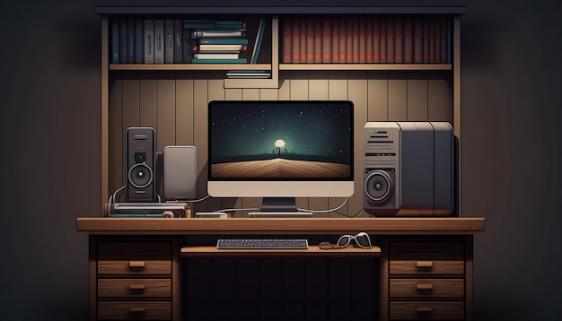 컴퓨터 화면과 달이 있는 컴퓨터 책상.