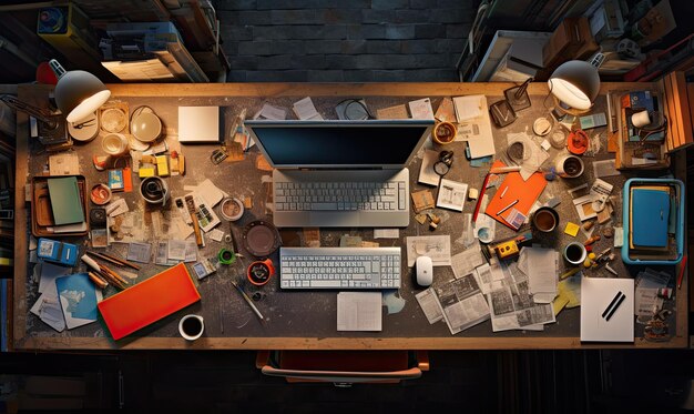 Foto una scrivania per computer con una tastiera e una tazza di caffè.