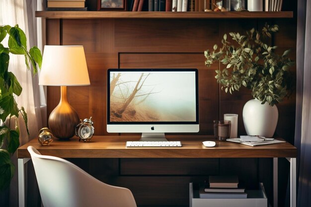 Photo a computer desk with a lamp and a lamp on it