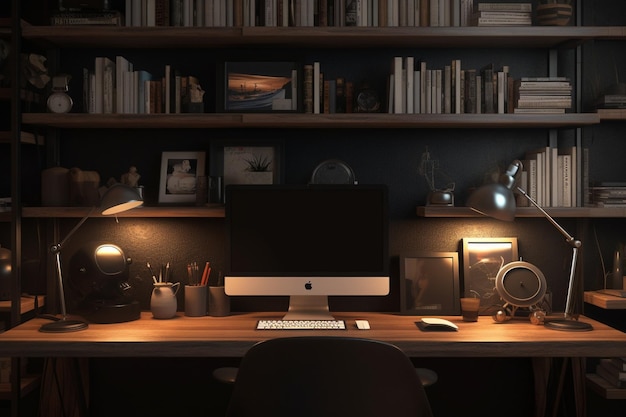 A computer on a desk with a lamp that says " mac " on it.