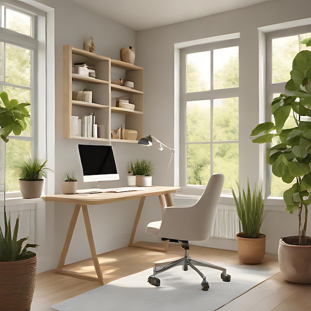 a computer desk with a laptop and potted plants on it