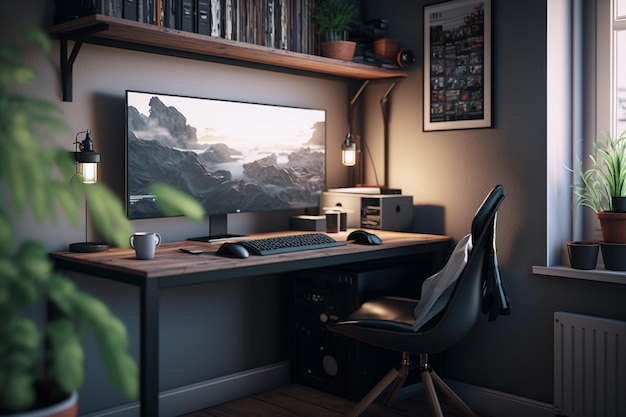 A computer desk with a large monitor and a bookcase on the wall.