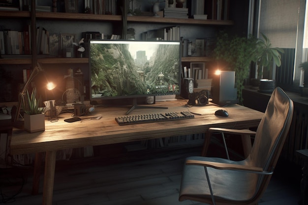 A computer desk with a large monitor and a bookcase with a picture of a mouse on it.