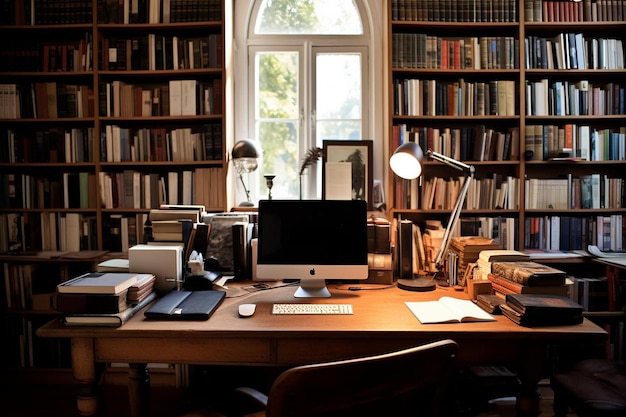 a computer desk with a monitor and keyboard on it