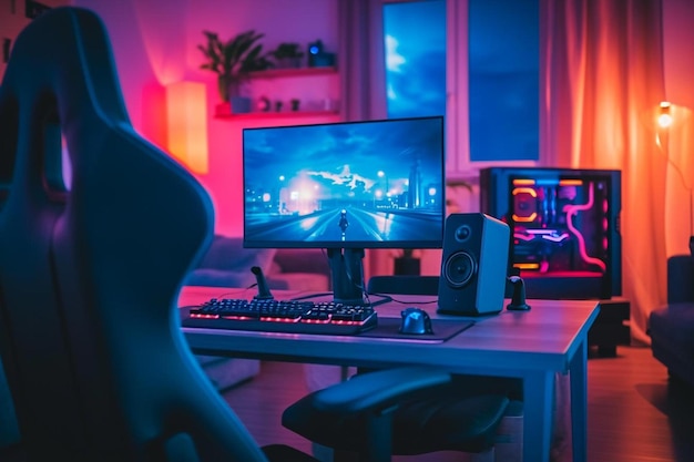 a computer desk with a monitor keyboard and speakers