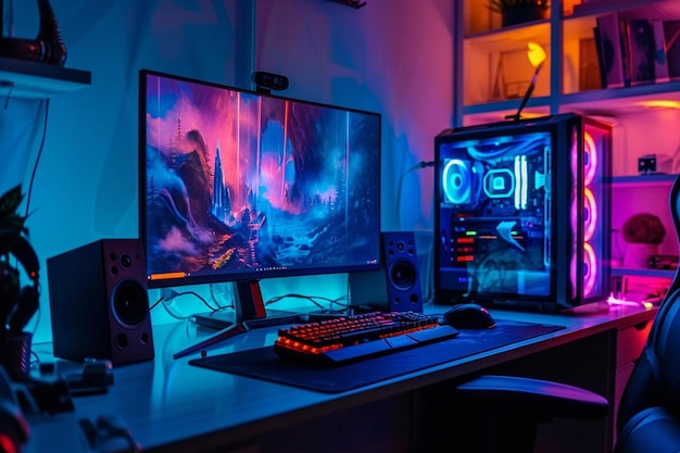 a computer desk with a monitor and keyboard