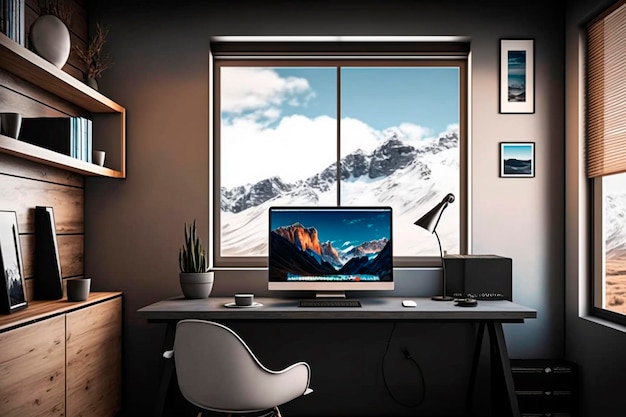 A computer desk with a mountain view in the background.