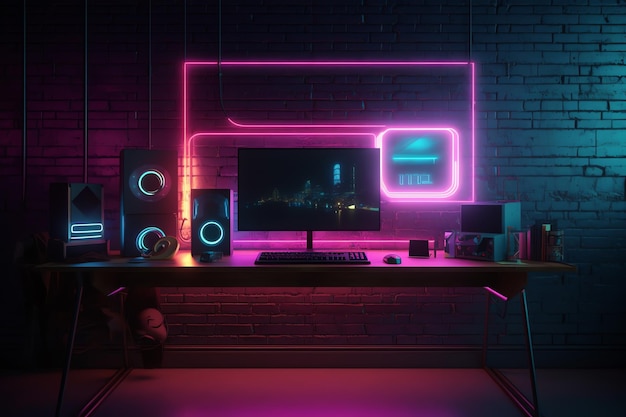 A computer desk with a neon sign that